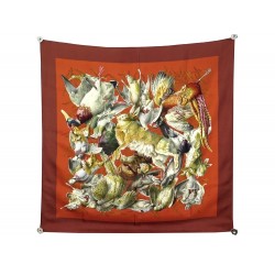 FOULARD HERMES GIBIERS PAR HENRI DE LINARES EN SOIE ROUGE RED SILK SCARF 375€