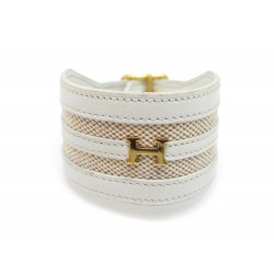 VINTAGE BRACELET HERMES MANCHETTE H 20 CM EN CUIR BLANC & TOILE LEATHER BANGLE