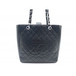 NEUF SAC A MAIN CHANEL SHOPPING LOGO CUIR CAVIAR NOIR & ARGENT TOTE PURSE 3100€