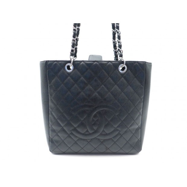 NEUF SAC A MAIN CHANEL SHOPPING CUIR CAVIAR NOIR & ARGENT + CARTE + DUSTBAG 