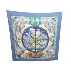 FOULARD HERMES VIVE LE VENT BOURTHOUMIEUX CARRE EN SOIE BLEU SILK SCARF 350€