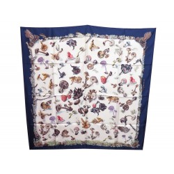 FOULARD HERMES CHAMPIGNONS GAVARNI & PERRIERE CARRE EN SOIE BLEU SILK SCARF 350€