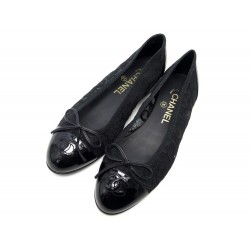 NEUF CHAUSSURES CHANEL BALLERINES LOGO GG 37 DENTELLE TOILE CUIR NOIR SHOES 670€