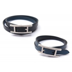 BRACELET HERMES BEHAPI DOUBLE TOUR EN CUIR BOX NOIR & SWIFT BLEU 18CM BOITE 295€