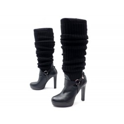 CHAUSSURES GUCCI 37.5 BOTTES CHAUSSETTES EN CUIR & LAINE NOIR SOCK BOOTS 910€