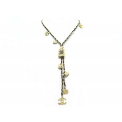 NEUF COLLIER CHANEL AB4393 LOGO CC BOUTEILLE PARFUM DORE CUIR NOIR BOITE 1030€