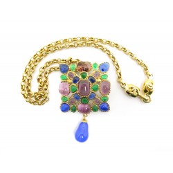 VINTAGE BROCHE CHANEL GRIPOIX PERLES DE VERRE + CHAINE PENDENTIF COLLIER BROOCH