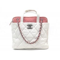 SAC A MAIN CHANEL SHOPPING CUIR MATELASSE DAIM CABAS BLANC & ROSE HAND BAG 3500€