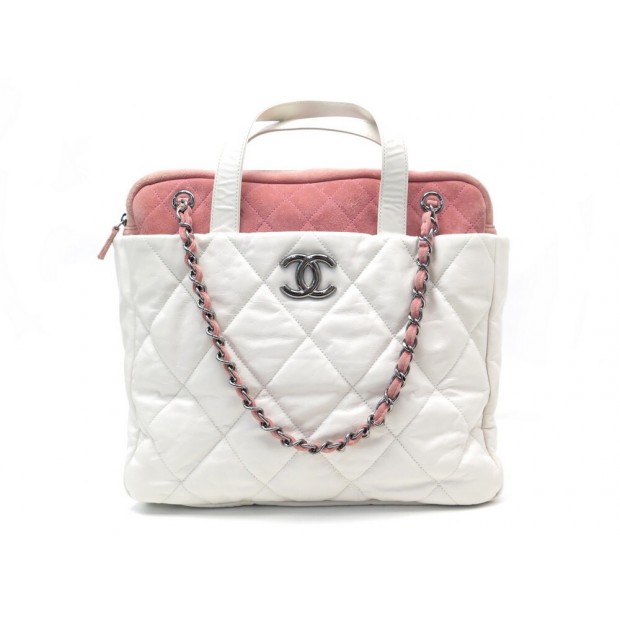 SAC A MAIN CHANEL SHOPPING CUIR MATELASSE DAIM CABAS BLANC & ROSE HAND BAG 3500€