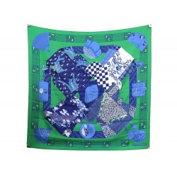 FOULARD HERMES KIMONOS ET INROS CARRE 90 FAIVRE EN SOIE VERT SILK SCARF 375€