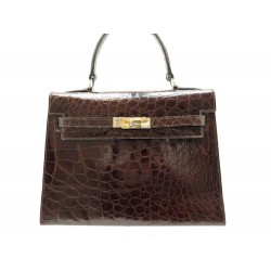 VINTAGE SAC A MAIN TYPE KELLY EN CUIR DE CROCODILE MARRON LEATHER HAND BAG