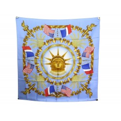 NEUF FOULARD HERMES LIBERTY CARRE 90 EN SOIE BLEU JOACHIM METZ SILK SCARF 375€