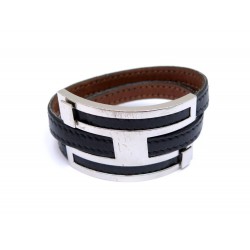 BRACELET HERMES H COULISSANT 17-21 CM EN CUIR NOIR ET METAL ARGENTE + BOITE 500€