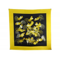 VINTAGE FOULARD HERMES JEUNES COQS MADAME DE LA TORRE SOIE JAUNE SILK SCARF 375€