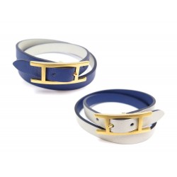 BRACELET HERMES BEHAPI DOUBLE TOUR 16 17 CM EN CUIR SWIFT BLEU BLANC BOITE 295€