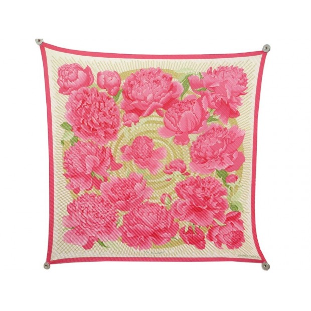 NEUF FOULARD HERMES LES PIVOINES PAR CHRISTIANE VAUZELLES SOIE PLISSE ROSE 375€