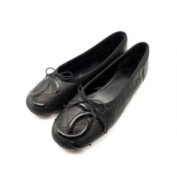 CHAUSSURES CHANEL G24712 37.5 BALLERINES EN CUIR NOIR LOGO CC LEATHER SHOES 560€