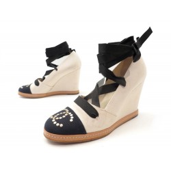 CHAUSSURES CHANEL G25946 38 SANDALES COMPENSEES EN TOILE ÉCRU SANDALS SHOES 760€