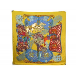 FOULARD HERMES ART DES STEPPES FAIVRE CARRE 90 EN SOIE JAUNE SILK SCARF 375€