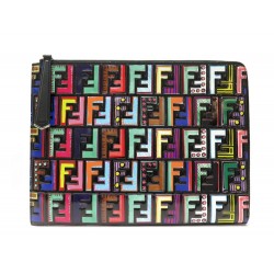 NEUF SAC A MAIN FENDI MULTICOLOR LOGO PRINT 8M0370 POCHETTE CUIR NOIR POUCH 980€