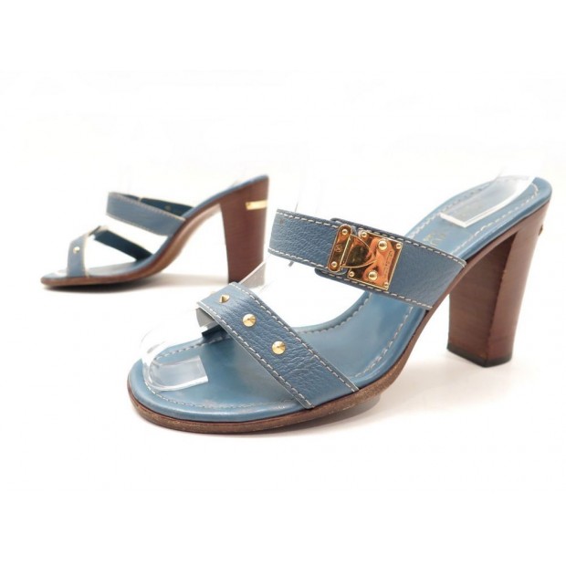 CHAUSSURES LOUIS VUITTON 37 SANDALES A TALONS EN CUIR GRAINE BLEU SHOES 780€