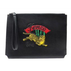 NEUF SAC POCHETTE A MAIN KENZO JUMPING TIGER EN CUIR NOIR NEW LEATHER POUCH 295€