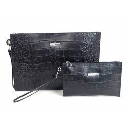 NEUF LOT DE 2 POCHETTES A MAIN LONGCHAMP ROSEAU CROCO CUIR NOIR WALLET BAG 285€