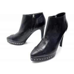 NEUF CHAUSSURES CHANEL G30008 41.5 BOTTINES A TALONS EN CUIR NOIR + BOITE 1120€