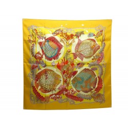 NEUF FOULARD HERMES GRANDS FONDS ANNIE FAIVRE CARRE SOIE JAUNE SILK SCARF 350€