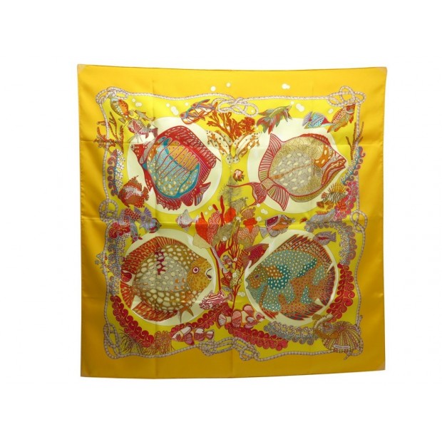 NEUF FOULARD HERMES GRANDS FONDS 100% SOIE JAUNE 