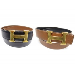  CEINTURE HERMES H BOUCLE DOREE & CUIR NOIR ET GOLD 85CM 