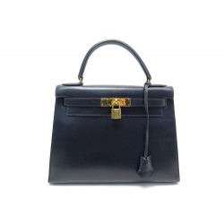 SAC A MAIN HERMES KELLY 29 SELLIER 1987 CUIR BOX BLEU NAVY DORE HAND BAG 7300€