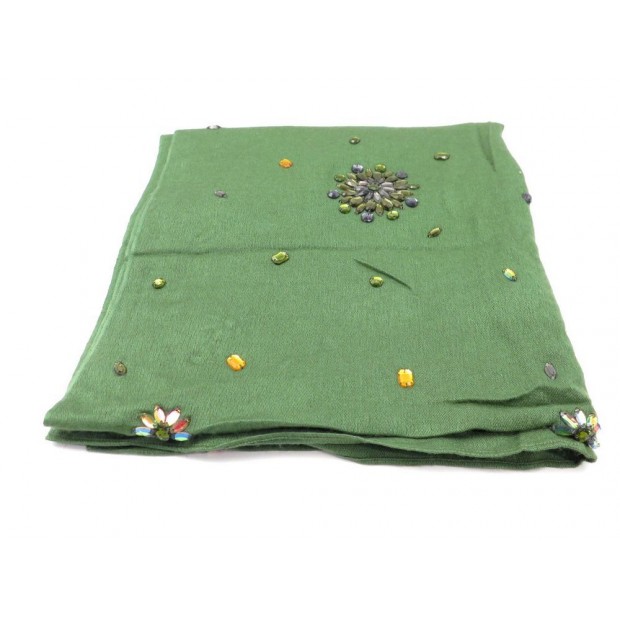 NEUF ETOLE CHRISTIAN DIOR CHALE EN CACHEMIRE ET SOIE VERT & STRASS SCARF 420€