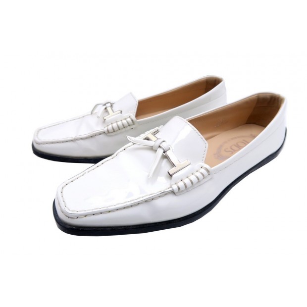 CHAUSSURES TOD'S MOCASSINS QUINN DOUBLE 38.5 39.5 FR CUIR VERNI BLANC SHOES 350€