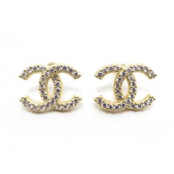 NEUF BOUCLES D'OREILLES CHANEL LOGO CC STRASS EN METAL DORE NEW EARRINGS 390€