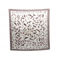 VINTAGE FOULARD HERMES LES PLUMES DE LINARES CARRE EN SOIE TAUPE SILK SCARF 350€