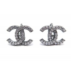 NEUF BOUCLES D'OREILLES CHANEL LOGO CC STRASS EN METAL NOIR NEW EARRINGS 350€