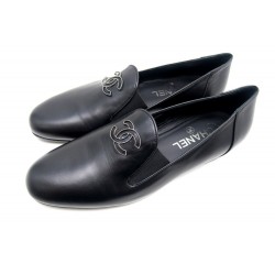 NEUF CHAUSSURES CHANEL MOCASSINS LOGO CC 37.5 SLIPPERS CUIR NOIR SHOES 690€