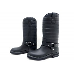 NEUF CHAUSSURES BOTTES MOTARDES CHANEL CUIR NOIR 37.5 