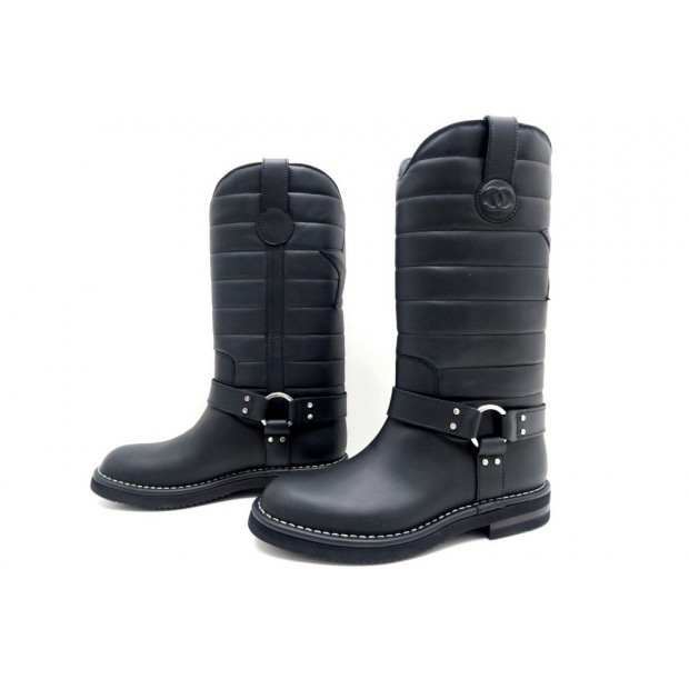 NEUF CHAUSSURES BOTTES MOTARDES CHANEL CUIR NOIR 37.5 