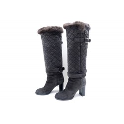 BOTTES A TALONS CHANEL 39 DAIM MATELASSE FOURREES FOURRURE DE LAPIN BOOTS 1200€