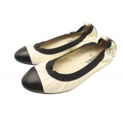 CHAUSSURES CHANEL G26642 BALLERINES 39 EN CUIR ECRU & NOIR BOITE SHOES 540€