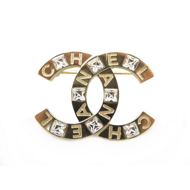 BROCHE CHANEL LOGO CC & STRASS EN METAL DORE GOLDEN BROOCH JEWEL 650€