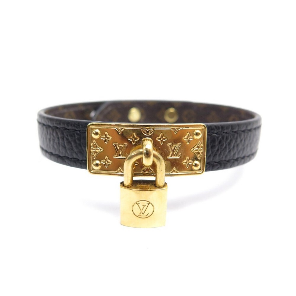 Louis Vuitton Bracelet. Grey and black. Leather. Gold plated lock