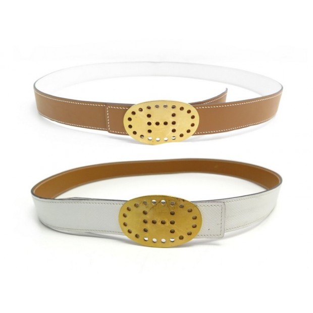 CEINTURE HERMES LIEN REVERSIBLE BOUCLE EVELYNE T100 CUIR GOLD & BLANC BELT 770€