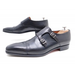 CHAUSSURES SANTONI 10053 MOCASSINS BI BOUCLES 41.5 42.5 FR CUIR GRIS SHOES 560€