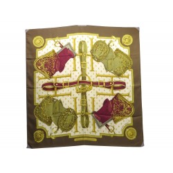 VINTAGE FOULARD HERMES SELLES A HOUSSE 1ERE EDITION 1968 SOIE MARRON SCARF 350€