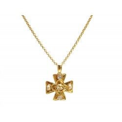 COLLIER CHANEL EN METAL DORE PENDENTIF CROIX GRIPOIX STRASS PERLES NECKLACE 950€