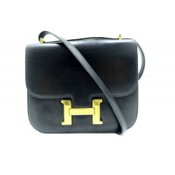 VINTAGE SAC A MAIN HERMES CONSTANCE CUIR BOX NOIR ATTRIBUTS EN METAL DORE 