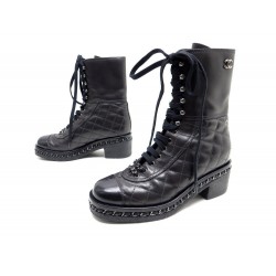 NEUF CHAUSSURES CHANEL BOTTINES RANGERS MATELASSE 38 CUIR NOIR COMBAT BOOT 1300€